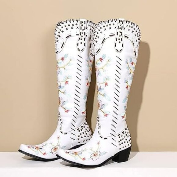 NEW Women' Embroidered Chunky Heel Cowboy Cowgirl Boots Retro Knee High Sz 37EU - Picture 1 of 7